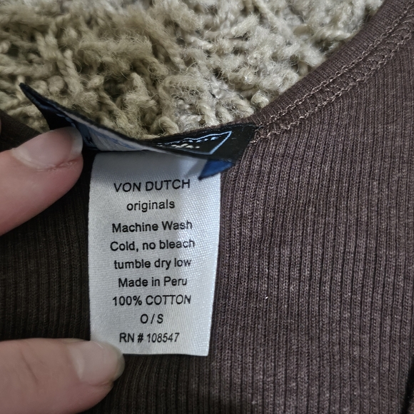New Von Dutch Tank Brown Yellow Script Ribbed Stretch - Picture 5 of 6